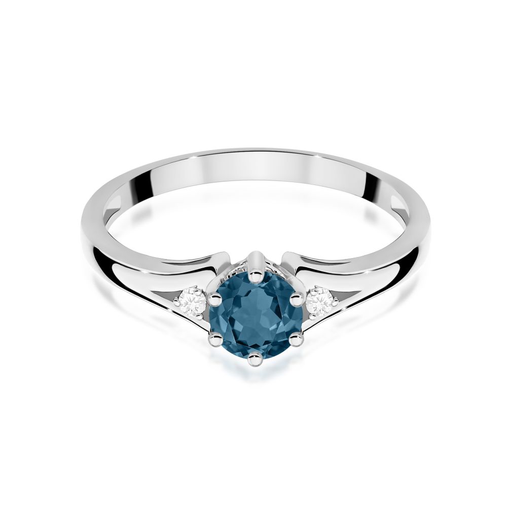 Pierścionek z topazem London Blue 0,50 ct i brylantami, białe złoto 585