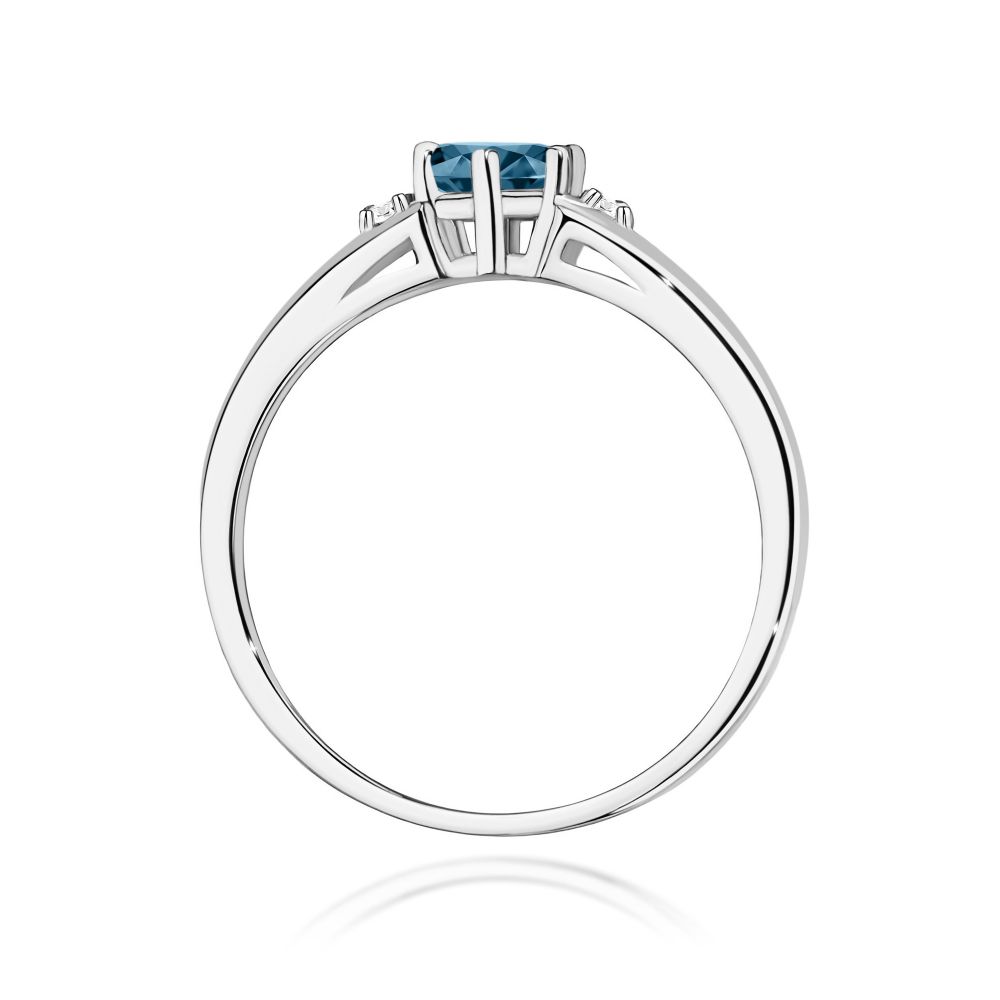 Pierścionek z topazem London Blue 0,50 ct i brylantami, białe złoto 585