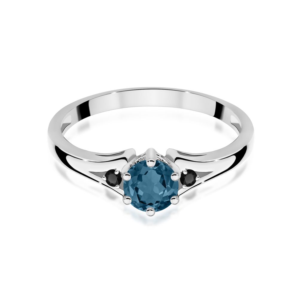 Pierścionek z topazem London Blue 0,50 ct i czarnymi brylantami, białe złoto 585