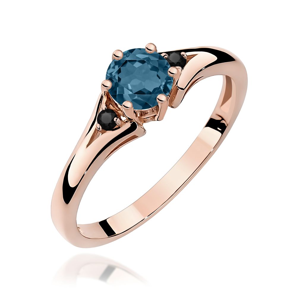 Pierścionek z topazem London Blue 0,50 ct i czarnymi brylantami, różowe złoto 585