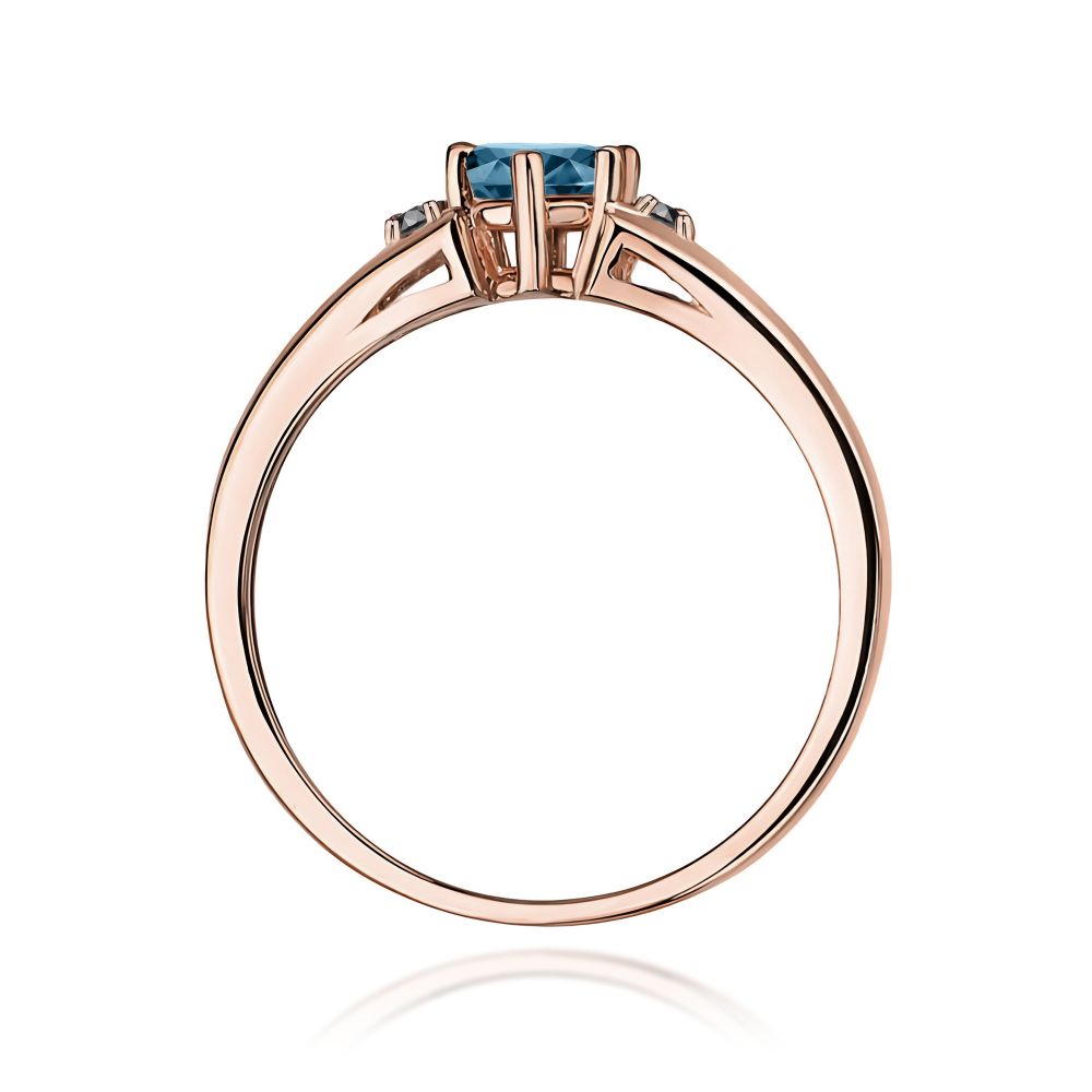 Pierścionek z topazem London Blue 0,50 ct i czarnymi brylantami, różowe złoto 585