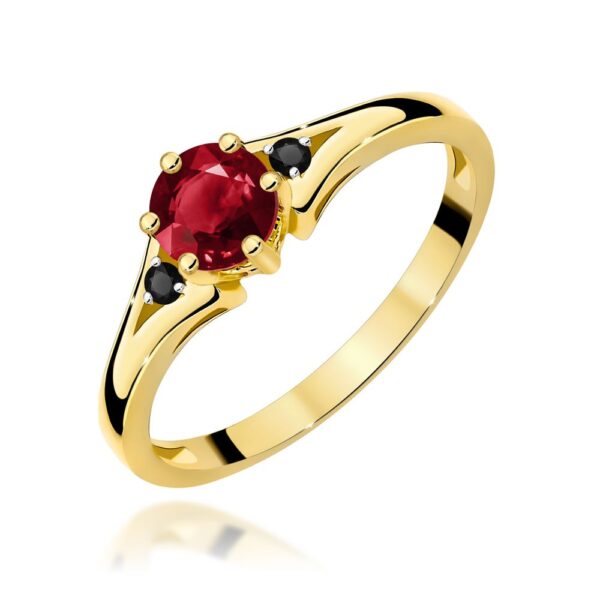 Pierścionek z granatem 0,60 ct i czarnymi brylantami, żółte złoto 585