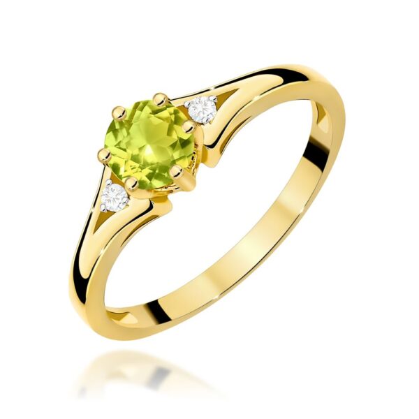 Pierścionek z oliwinem 0,60 ct i brylantami, żółte złoto 585