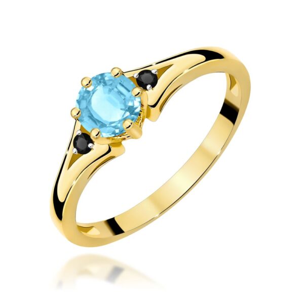 Pierścionek z topazem Swiss Blue 0,50 ct i czarnymi brylantami, żółte złoto 585