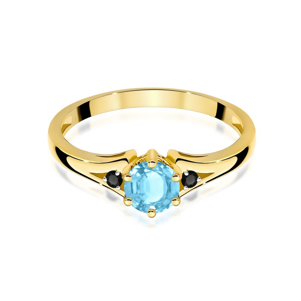 Pierścionek z topazem Swiss Blue 0,50 ct i czarnymi brylantami, żółte złoto 585