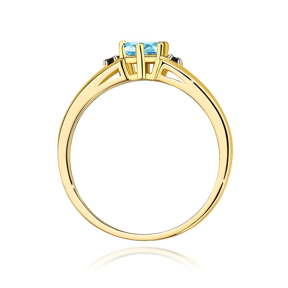 Pierścionek z topazem Swiss Blue 0,50 ct i czarnymi brylantami, żółte złoto 585