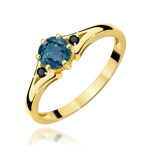 Pierścionek z topazem London Blue 0,50 ct i czarnymi brylantami, żółte złoto 585