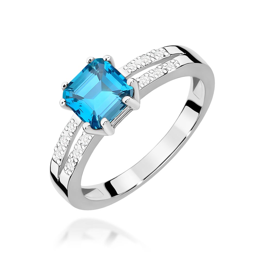 Pierścionek z topazem Swiss Blue 1,10 ct i brylantami, białe złoto 585