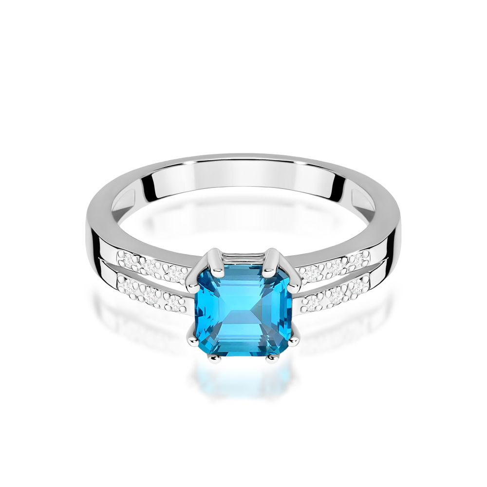 Pierścionek z topazem Swiss Blue 1,10 ct i brylantami, białe złoto 585
