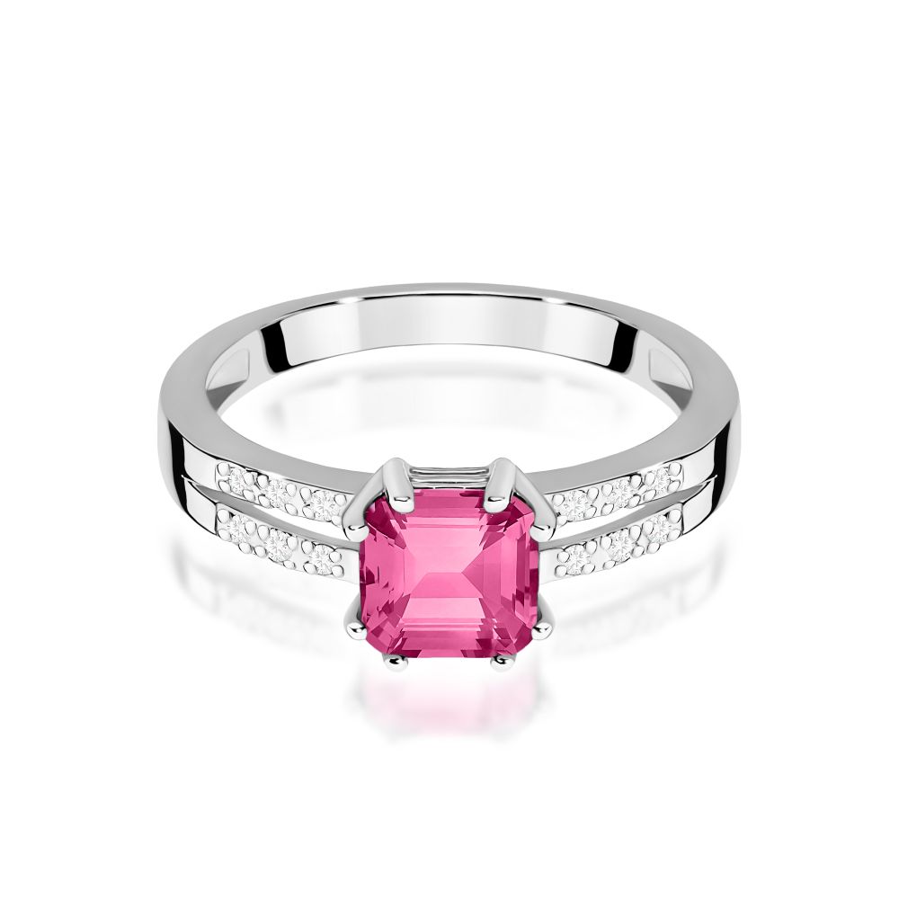 Pierścionek z różowym topazem 1,10 ct i brylantami, białe złoto 585