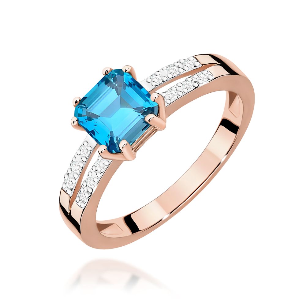 Pierścionek z topazem Swiss Blue 1,10 ct i brylantami, różowe złoto 585