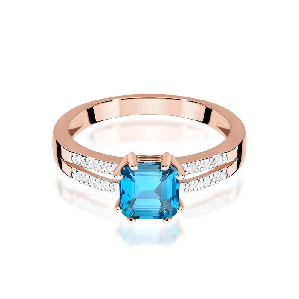 Pierścionek z topazem Swiss Blue 1,10 ct i brylantami, różowe złoto 585
