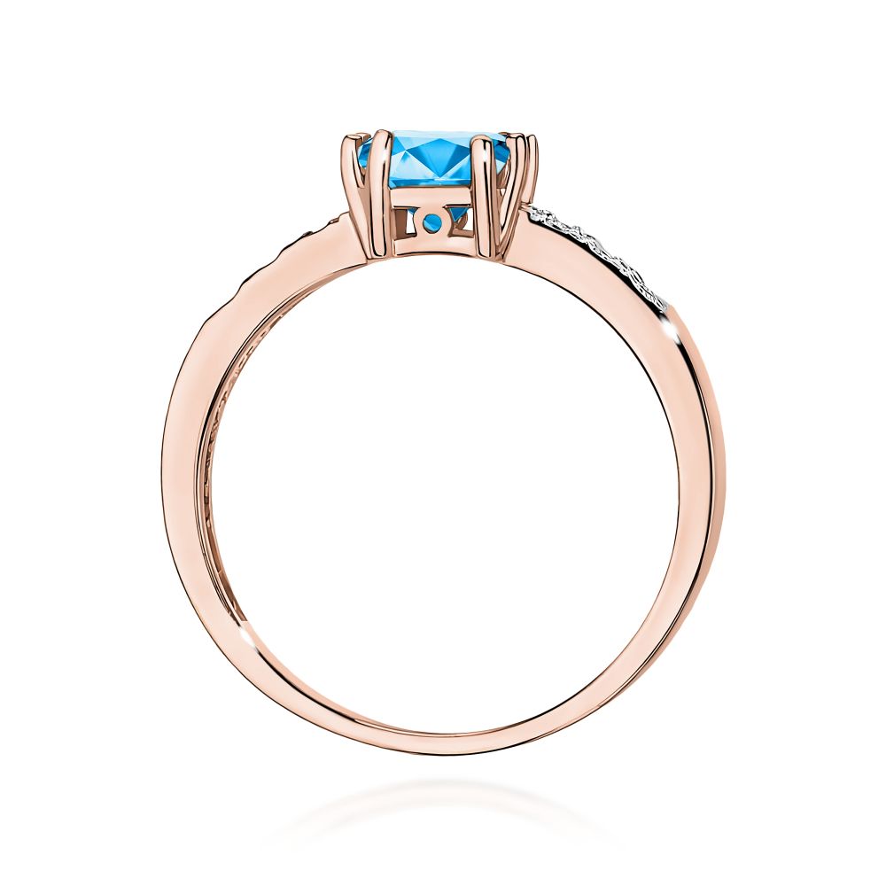 Pierścionek z topazem Swiss Blue 1,10 ct i brylantami, różowe złoto 585