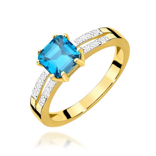 Pierścionek z topazem Swiss Blue 1,10 ct i brylantami, żółte złoto 585