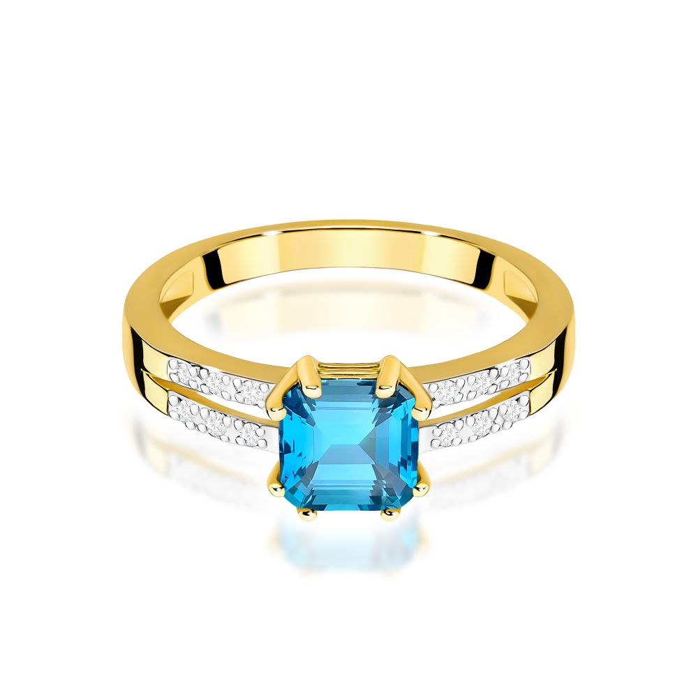 Pierścionek z topazem Swiss Blue 1,10 ct i brylantami, żółte złoto 585