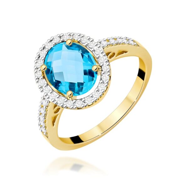 Pierścionek z topazem Swiss Blue 1,70 ct i brylantami, żółte złoto 585