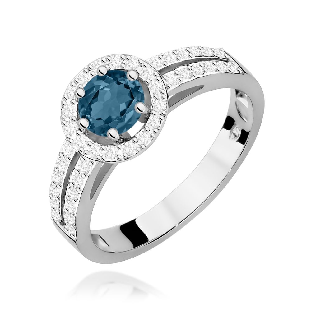Pierścionek z topazem London Blue 0,50 ct i brylantami, białe złoto 585