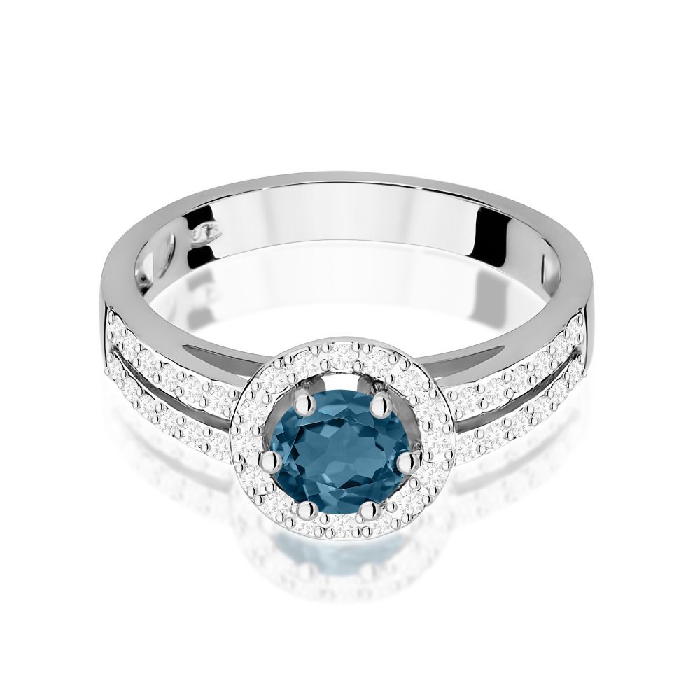 Pierścionek z topazem London Blue 0,50 ct i brylantami, białe złoto 585