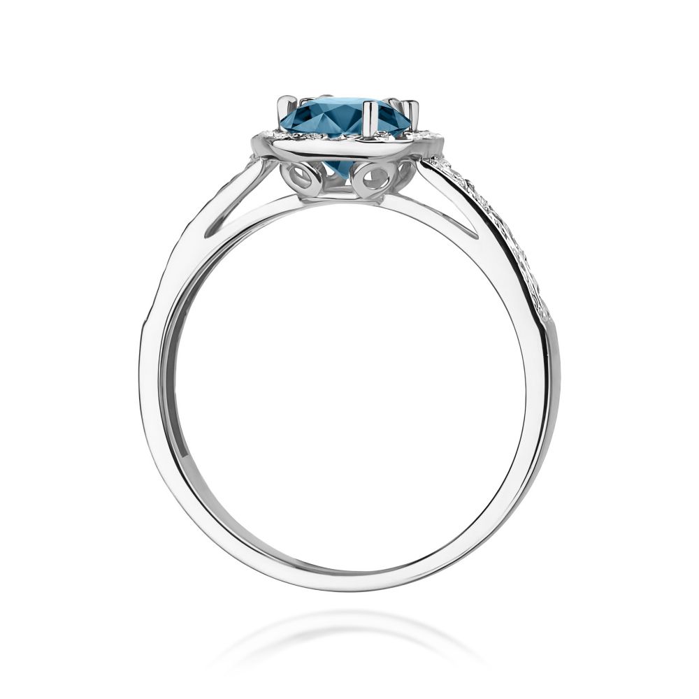 Pierścionek z topazem London Blue 0,50 ct i brylantami, białe złoto 585