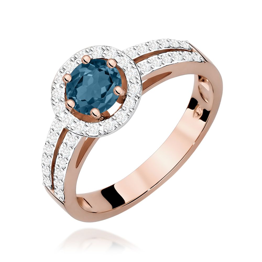 Pierścionek z topazem London Blue 0,50 ct i brylantami, różowe złoto 585