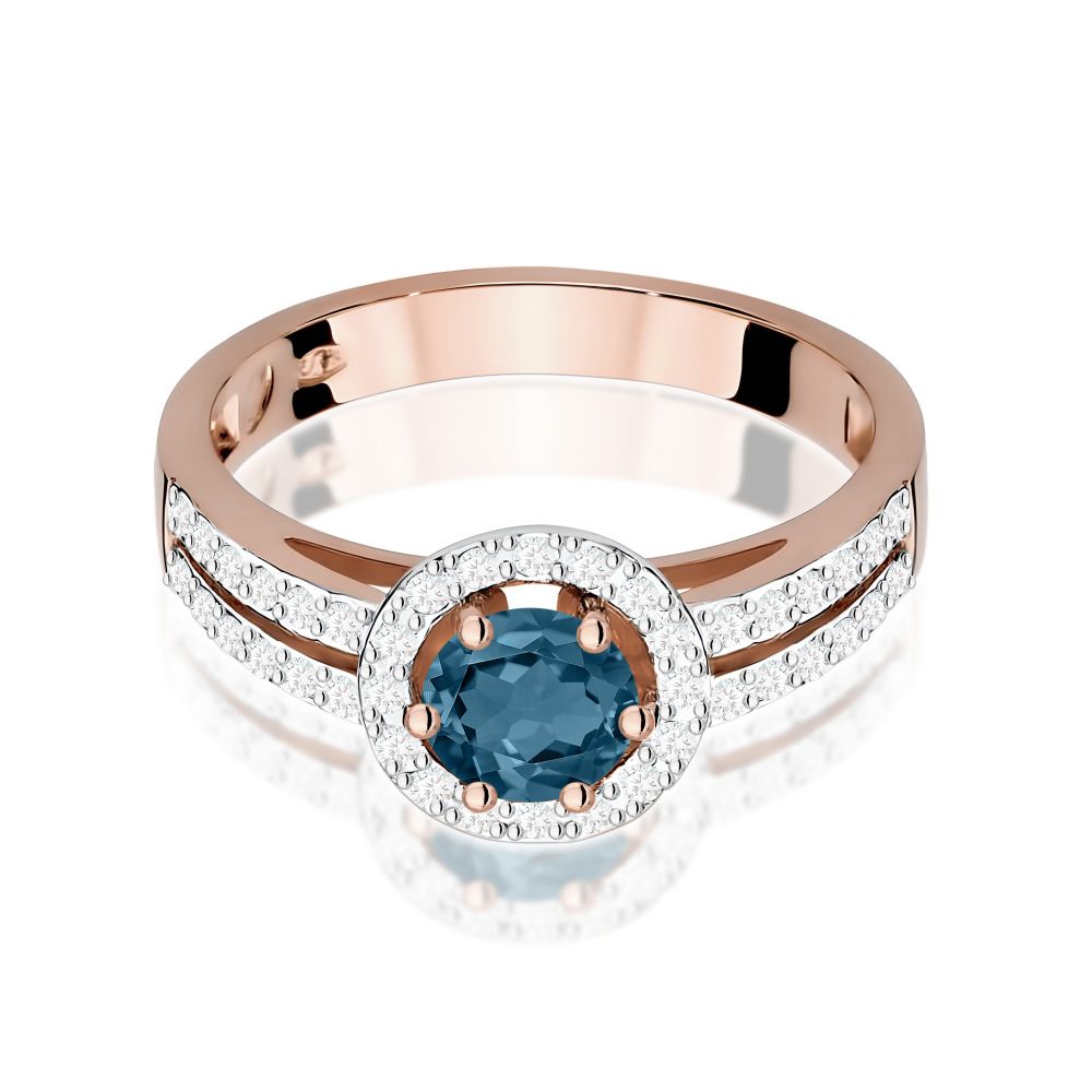 Pierścionek z topazem London Blue 0,50 ct i brylantami, różowe złoto 585