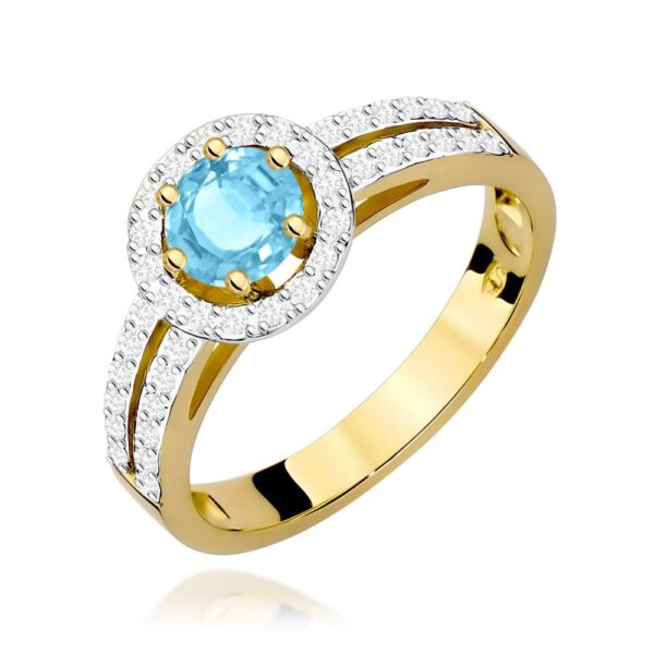Pierścionek z topazem Swiss Blue 0,50 ct i brylantami, żółte złoto 585