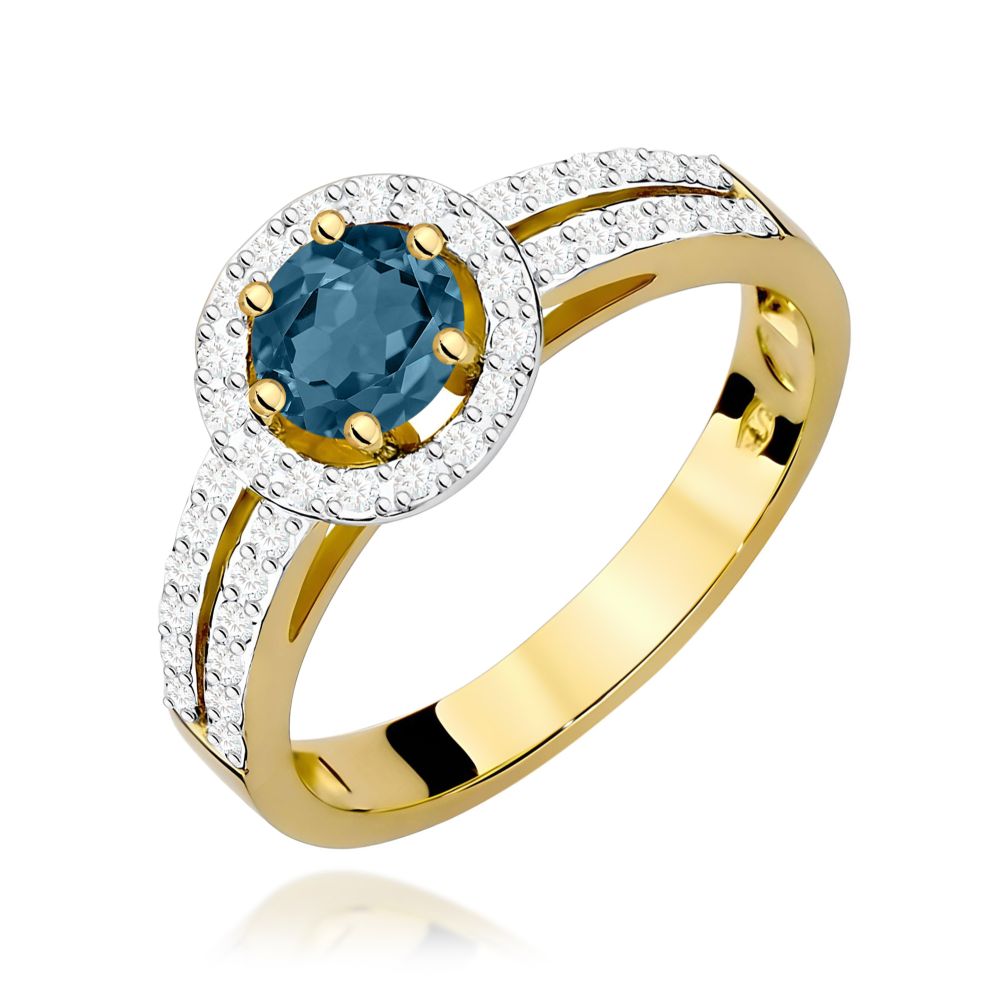 Pierścionek z topazem London Blue 0,50 ct i brylantami, żółte złoto 585