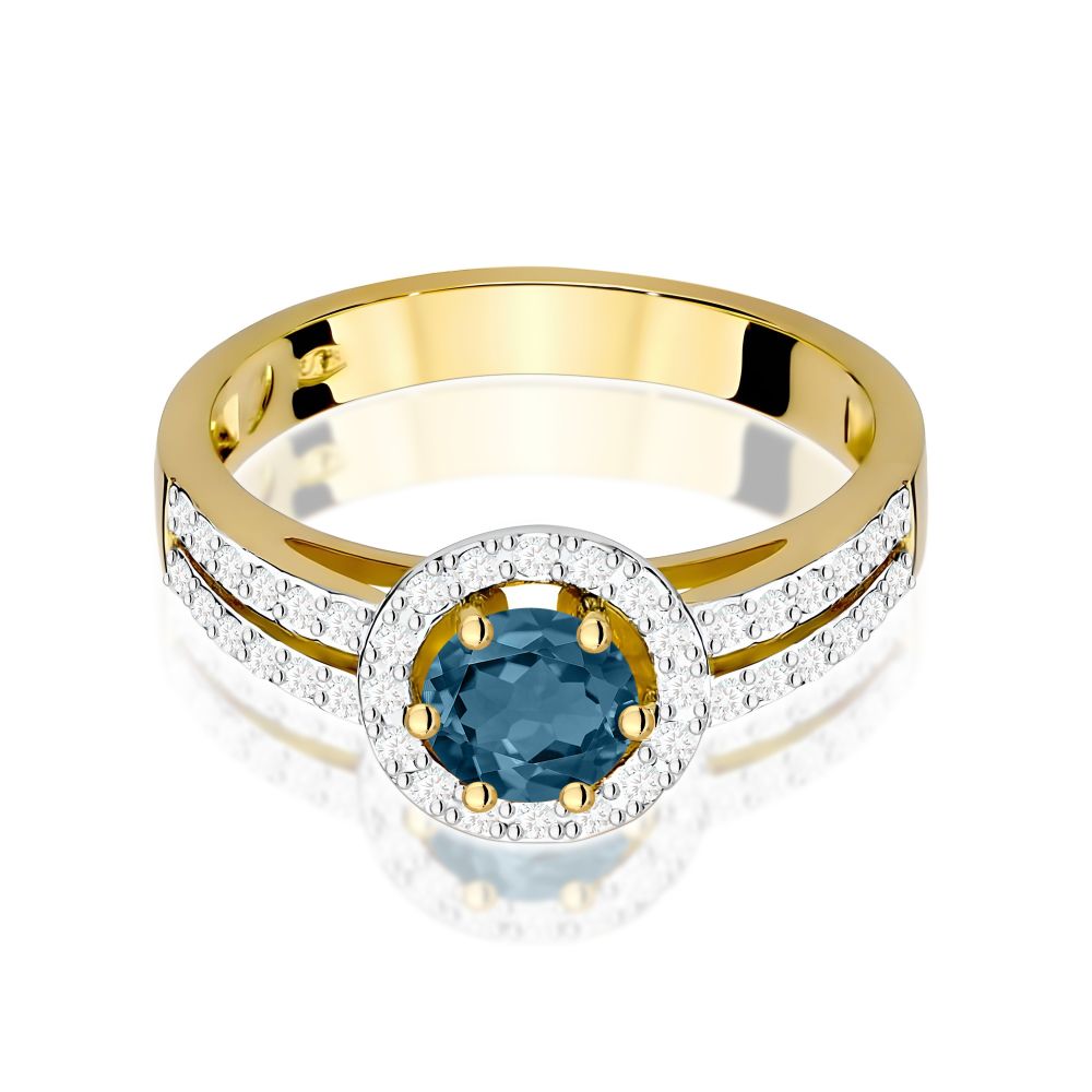 Pierścionek z topazem London Blue 0,50 ct i brylantami, żółte złoto 585