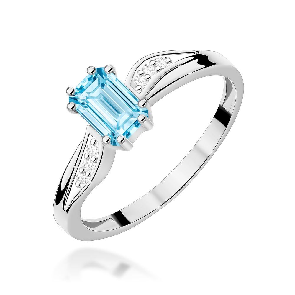 Pierścionek z topazem Swiss Blue 0,65 ct i brylantami, białe złoto 585
