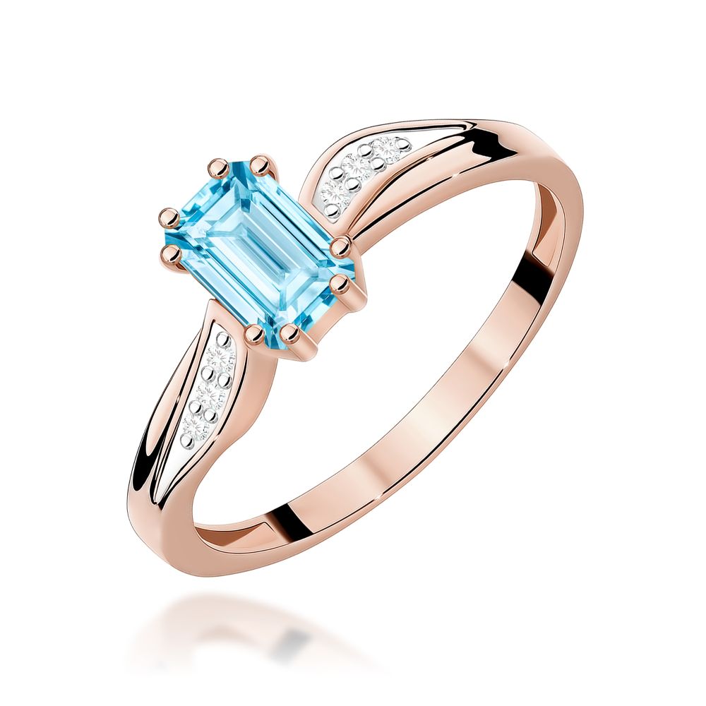 Pierścionek z topazem Swiss Blue 0,65 ct i brylantami, różowe złoto 585