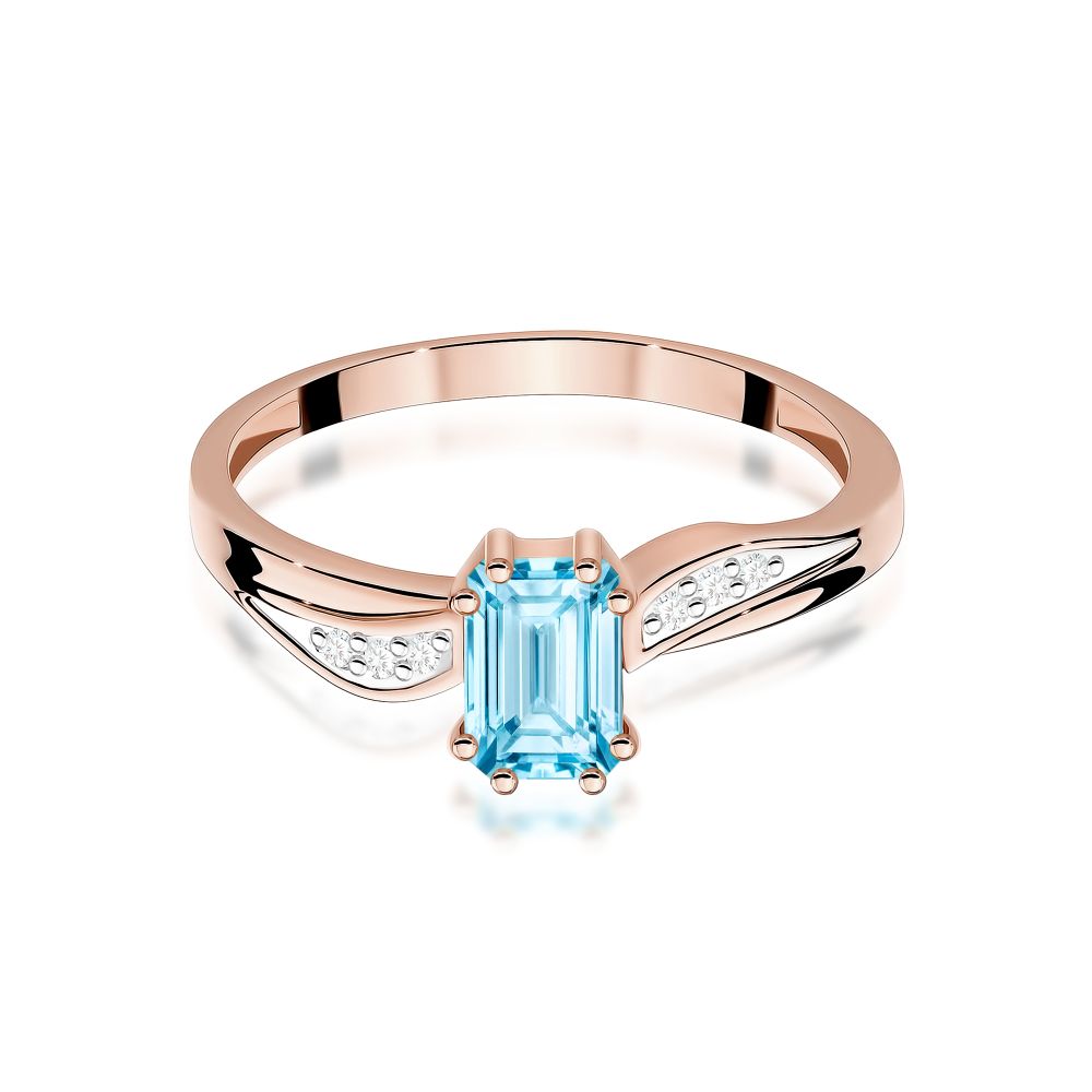 Pierścionek z topazem Swiss Blue 0,65 ct i brylantami, różowe złoto 585