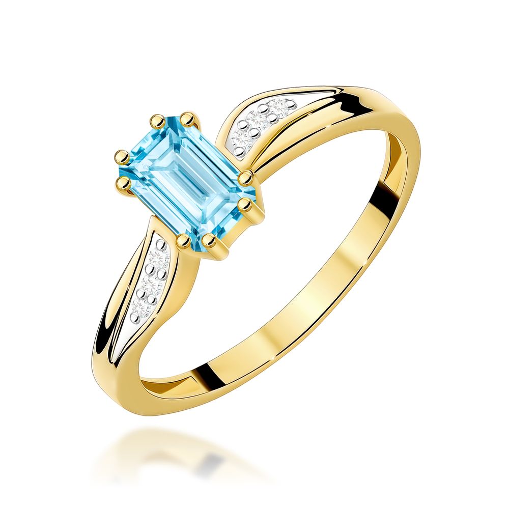 Pierścionek z topazem Swiss Blue 0,65 ct i brylantami, żółte złoto 585