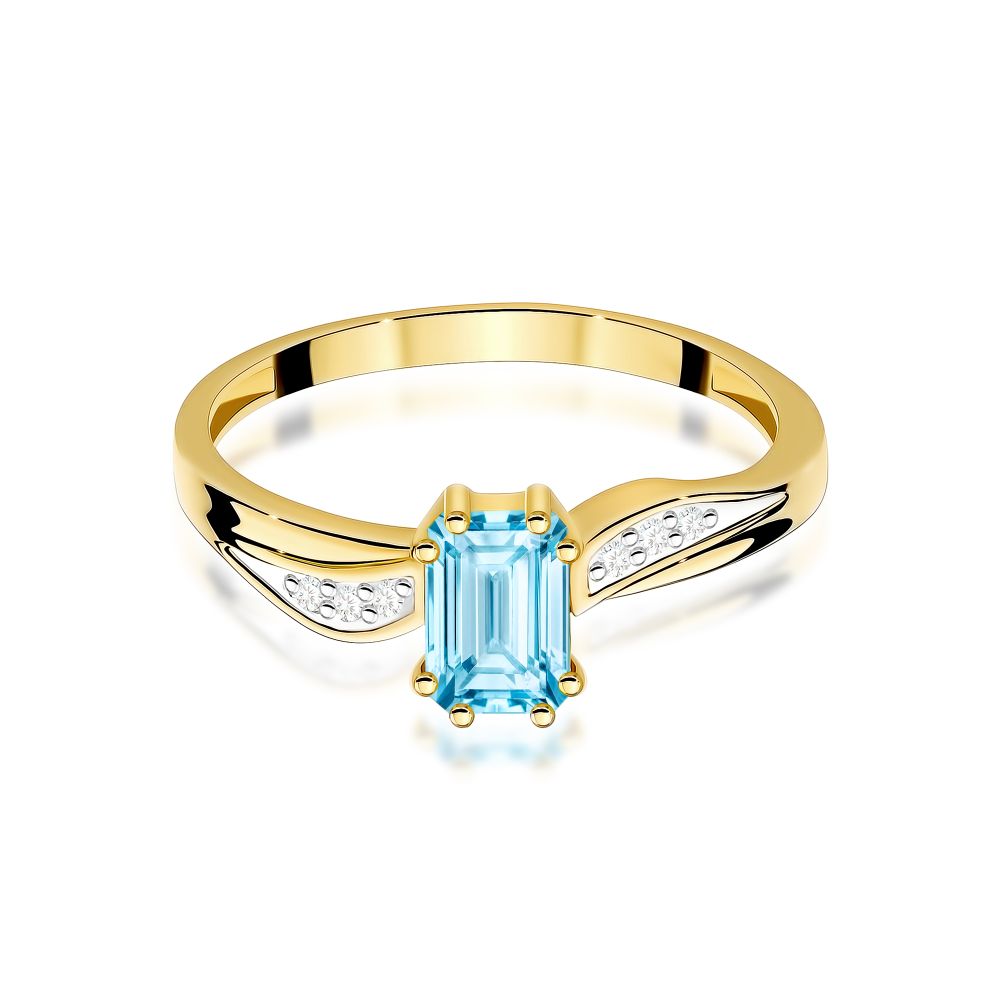 Pierścionek z topazem Swiss Blue 0,65 ct i brylantami, żółte złoto 585
