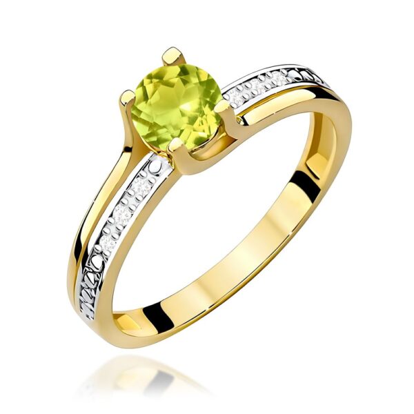 Pierścionek z oliwinem 0,60 ct i brylantami, żółte złoto 585
