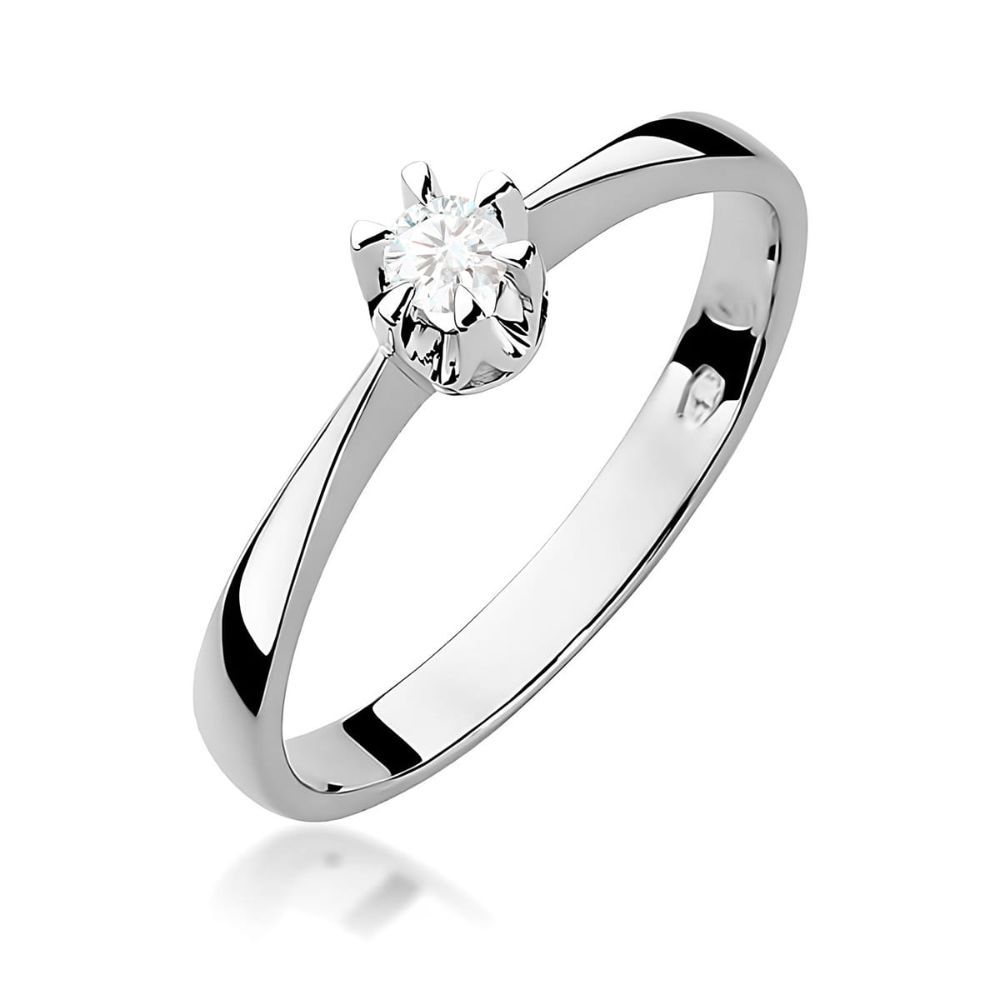 Pierścionek zaręczynowy z brylantem 0,12 ct, białe złoto 585