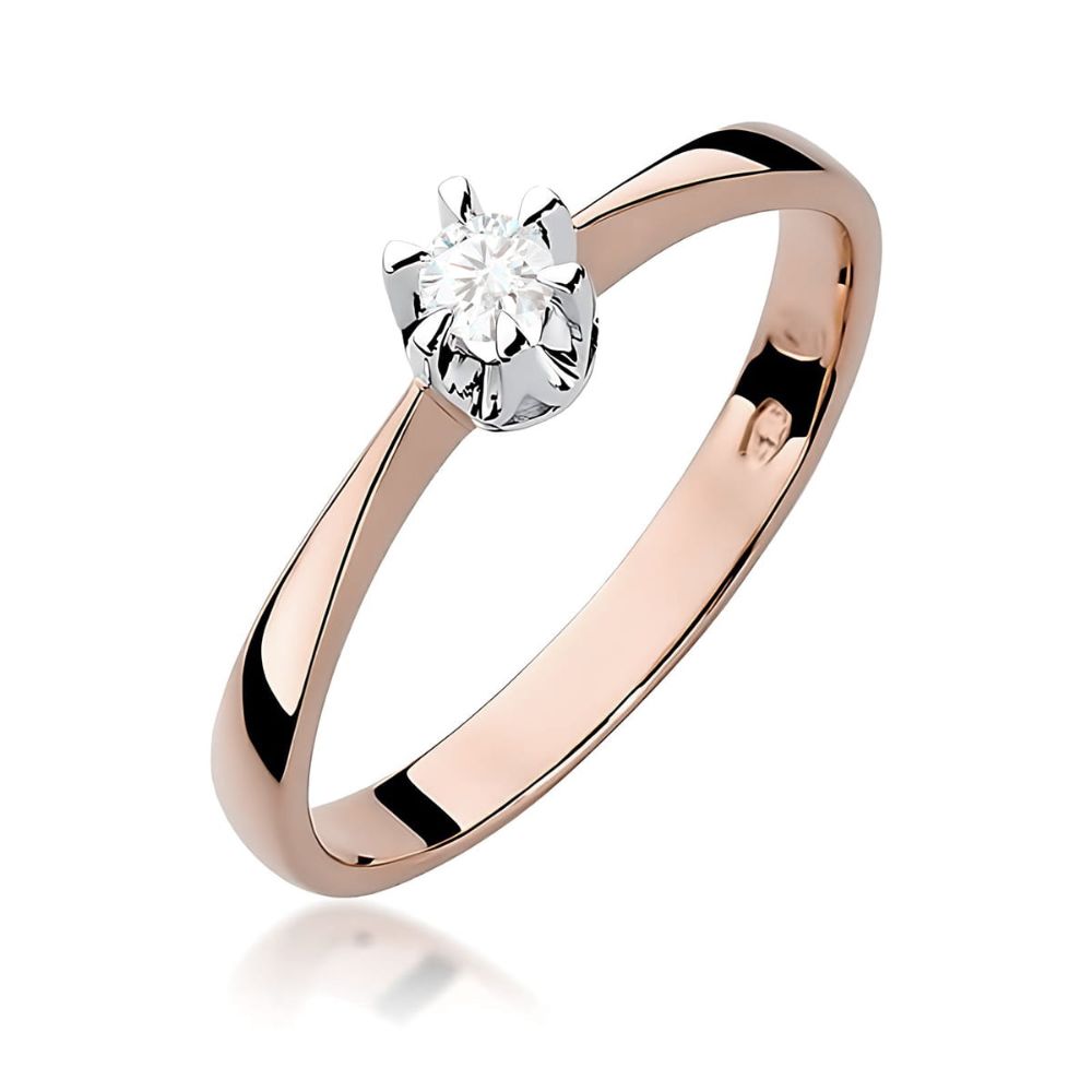 Pierścionek zaręczynowy z brylantem 0,12 ct, różowe złoto 585