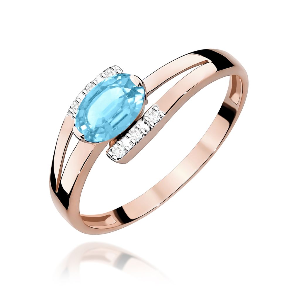 Pierścionek z topazem Swiss Blue 0,50 ct i brylantami, różowe złoto 585