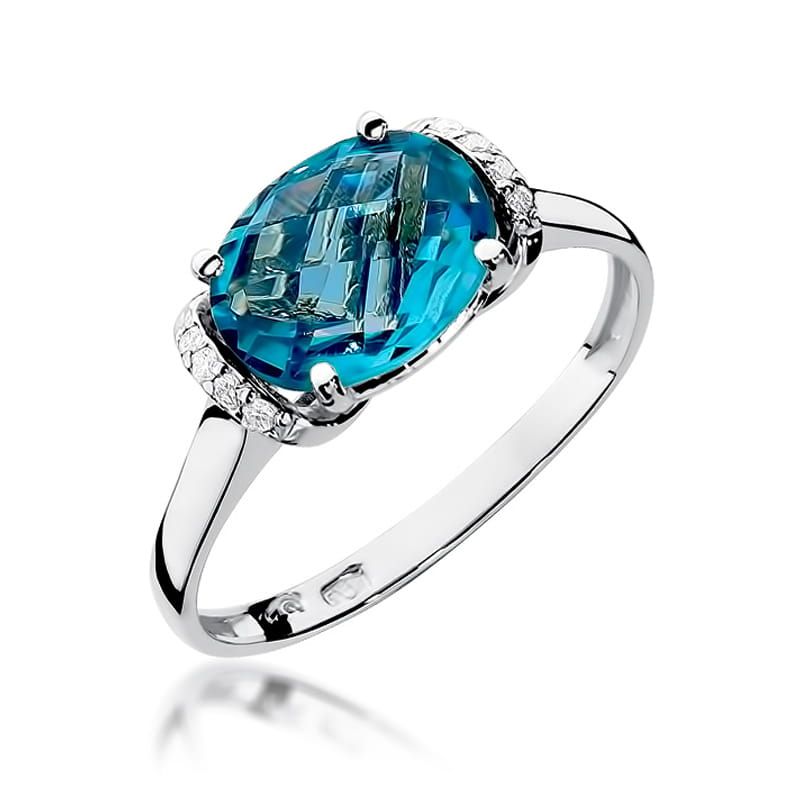 Pierścionek z topazem Swiss Blue 1,70 ct i brylantami, białe złoto 585