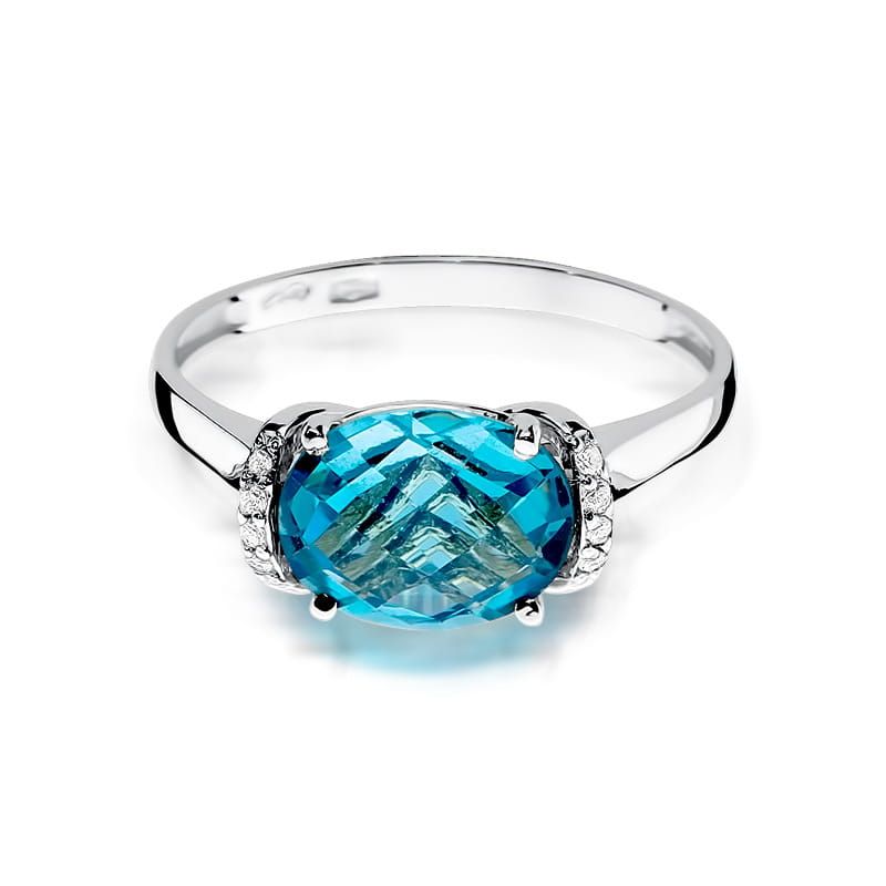 Pierścionek z topazem Swiss Blue 1,70 ct i brylantami, białe złoto 585