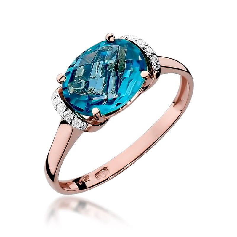 Pierścionek z topazem Swiss Blue 1,70 ct i brylantami, różowe złoto 585