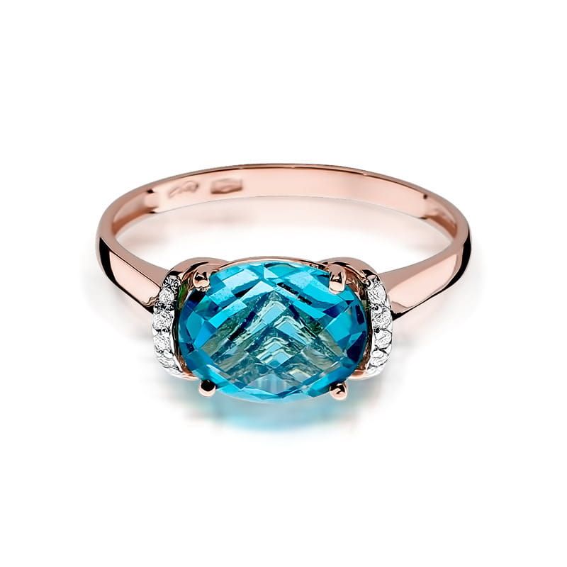 Pierścionek z topazem Swiss Blue 1,70 ct i brylantami, różowe złoto 585
