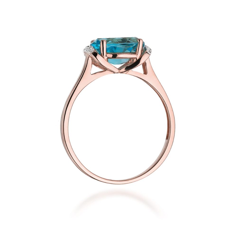 Pierścionek z topazem Swiss Blue 1,70 ct i brylantami, różowe złoto 585