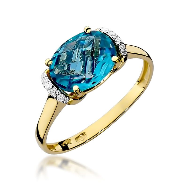 Pierścionek z topazem Swiss Blue 1,70 ct i brylantami, żółte złoto 585