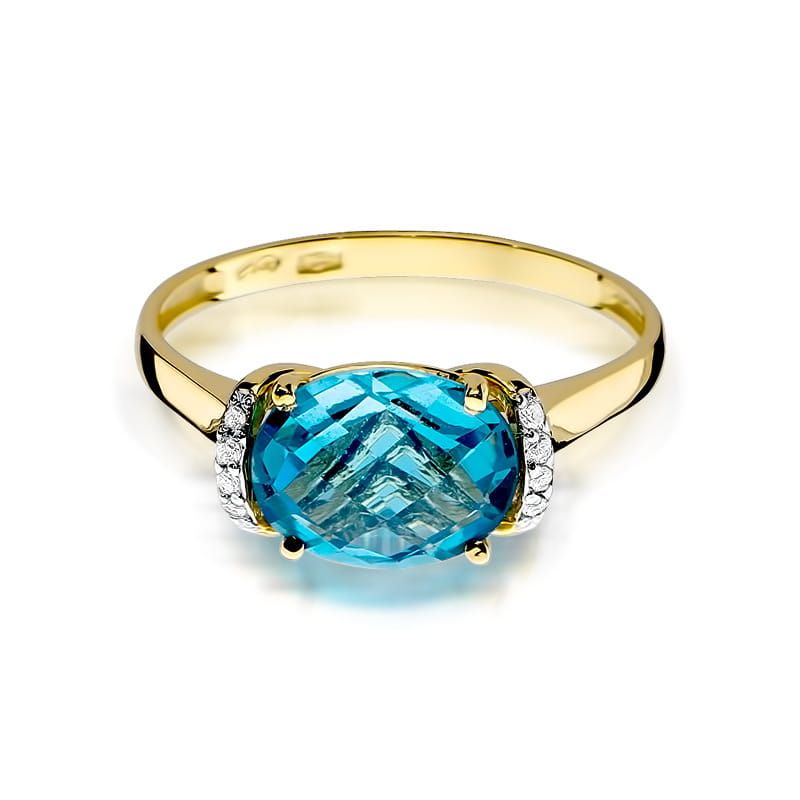 Pierścionek z topazem Swiss Blue 1,70 ct i brylantami, żółte złoto 585