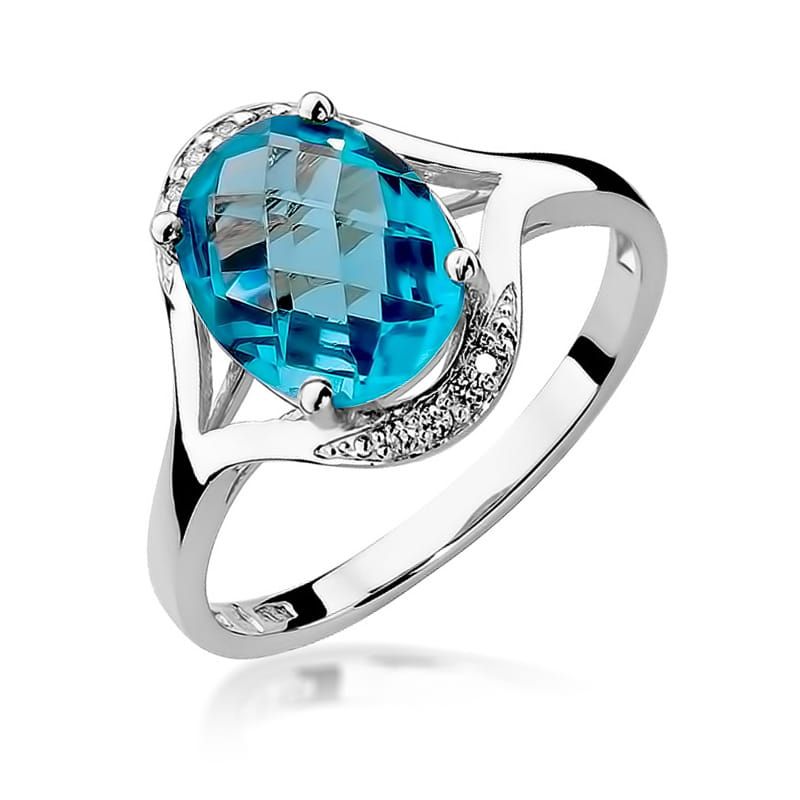 Pierścionek z topazem Swiss Blue 3,00 ct i brylantami, białe złoto 585