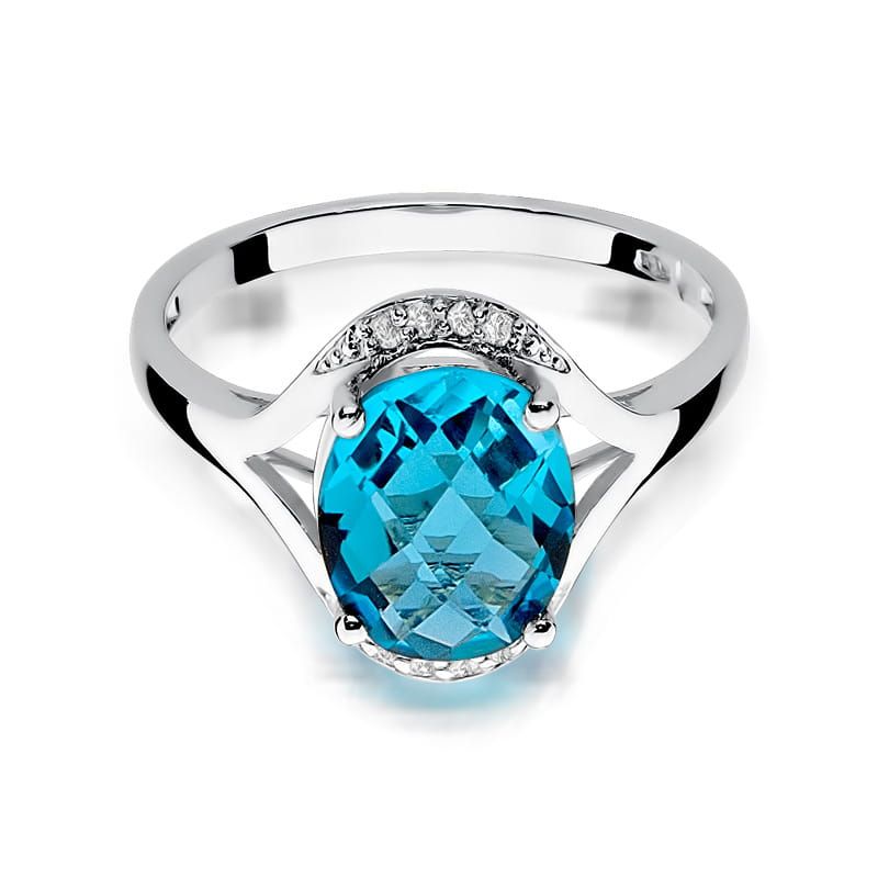 Pierścionek z topazem Swiss Blue 3,00 ct i brylantami, białe złoto 585