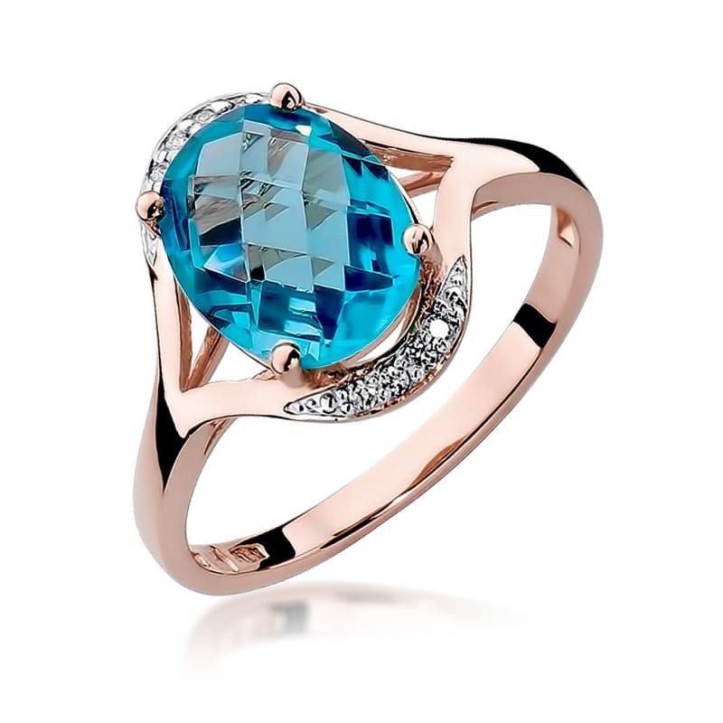 Pierścionek z topazem Swiss Blue 3,00 ct i brylantami, różowe złoto 585