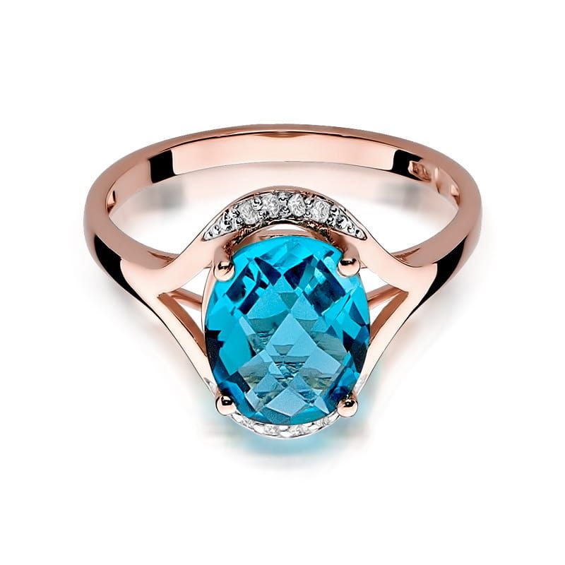 Pierścionek z topazem Swiss Blue 3,00 ct i brylantami, różowe złoto 585