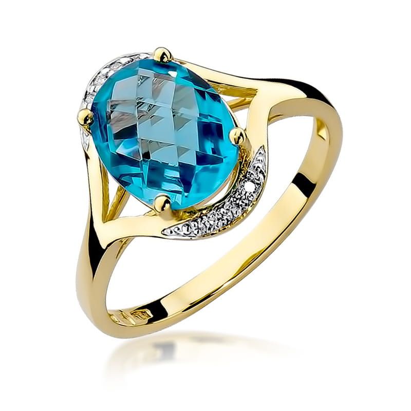 Pierścionek z topazem Swiss Blue 3,00 ct i brylantami, żółte złoto 585