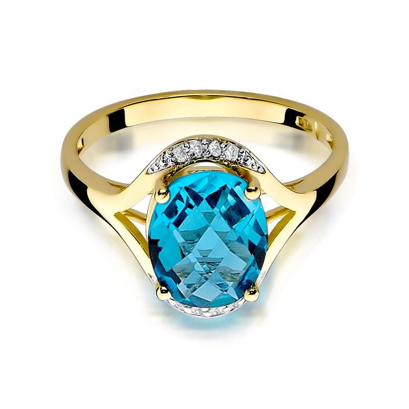 Pierścionek z topazem Swiss Blue 3,00 ct i brylantami, żółte złoto 585